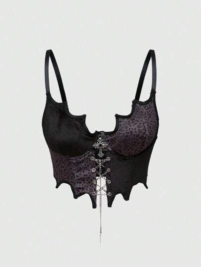 Grunge Punk Gothic Punk Patchwork Leopard Asymmetric Bat Cross Pendant Strap Ladies Camisole