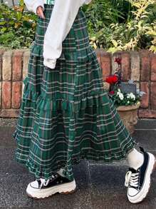 FRIFUL 女士弹力腰格子荷叶边长款休闲裙，返校季秋季服装 - 綠色 - 查看 2