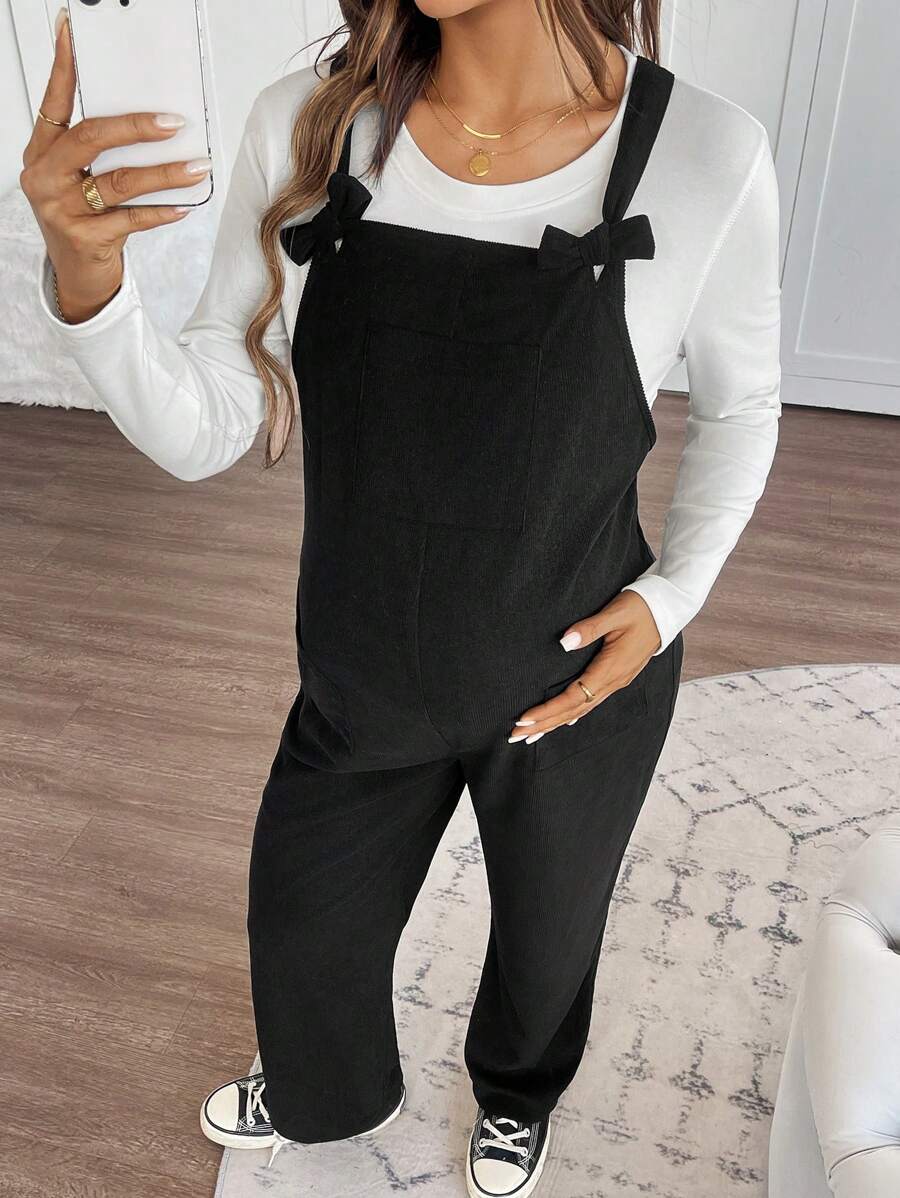 SHEIN 孕妇纯色蝴蝶结口袋简约连体裤