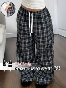 SHEIN CURVE+ Pantaloni informali allentati con coulisse a quadri, di taglia comoda, adatti per l'autunno e l'inverno, per donne in taglie forti