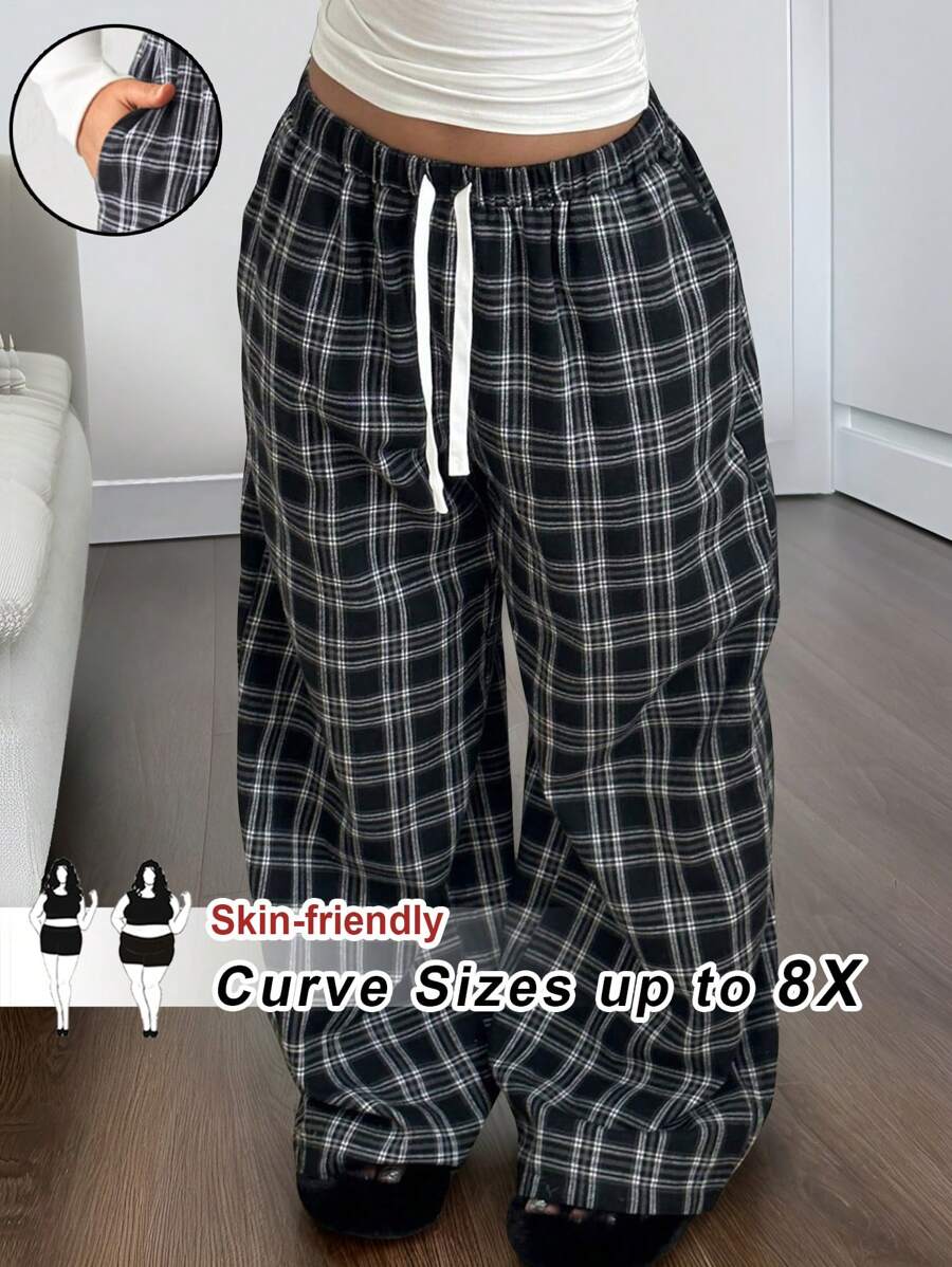 SHEIN CURVE+ Pantaloni informali allentati con coulisse a quadri, di taglia comoda, adatti per l'autunno e l'inverno, per donne in taglie forti
