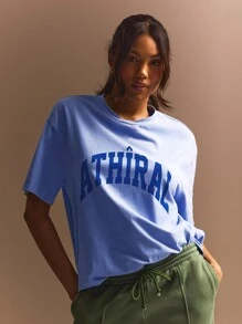 Athîral Women Letter Print Loose Fit Drop Shoulder Round Neck Casual T-Shirt - Blue - View 4
