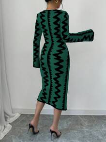 Elenzga 女士优雅提花针织紧身连衣裙 - 墨綠色 - 查看 2