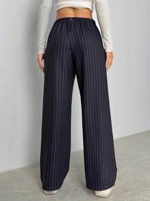 SHEIN PETITE Elastic Waist Black Knitted Striped Casual Pants