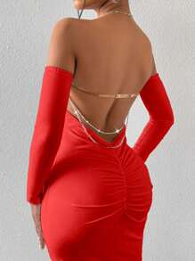 VaVaBold Váy dài tay trễ vai màu trơn cho nữ có dây xích sau lưng và trang trí xếp ly, váy bó & thời trang - Đỏ - Xem 5