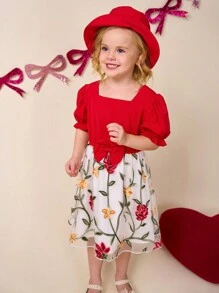Vestido de princesa para niñas elegante con bordado floral de malla, decorado con bordados exquisitos de rosas y flores amarillas, combinado con Top roja y sombrero balde a juego con moño, que presenta un ambiente gracioso y vibrante, adecuado para Año Nuevo, uso diario y fotografía - Rojo - Ver 5