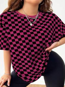 Coolane Plus Size Casual Geometric Plaid Pattern Round Neck Short Sleeve T-Shirt,Slightly Sheer Summer Suitable For Going Out - White - View 1