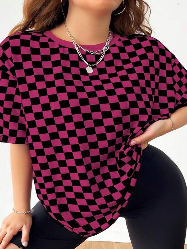 Coolane Plus Size Casual Geometric Plaid Pattern Round Neck Short Sleeve T-Shirt,Slightly Sheer Summer Suitable For Going Out