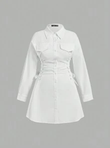 SHEIN MOD White Shirt Dress With Side Tie Short Length For Plus Size Women,White Collar Side Slit Tie Waist Shirt Dress, Long Sleeve Dress, Holiday Outfits,Holiday Women Outfits