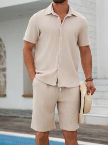 Manfinity RSRT 2pcs/Set Men's Solid Textured Fabric Button Down Short Sleeve Top And Shorts Set, Stylish Daily Casual, Vacation Shirts, Seaside Beach Vacation, Summer Shirts Casual Button Down Shirts, Gifts For Husband And Boyfriend