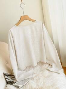 SHEIN Frenchy 大码女式纯色长袖休闲衬衫，时尚日常穿着 - 杏色 - 查看 2