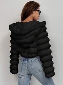 SHEIN EZwear Áo khoác lông ngắn có mũ trùm đầu dài tay màu trơn dành cho nữ mùa đông - màu đen - Xem 2