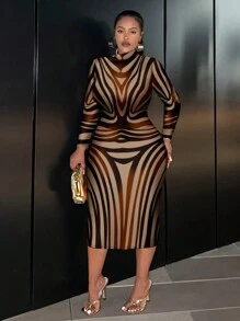 Slaydiva Plus Size Artistic Line Print Fitted Long Dress With Round Neck And Long Sleeves, Casual & Minimalist Style, Suitable For Autumn/Winter - Multicolor - View 4