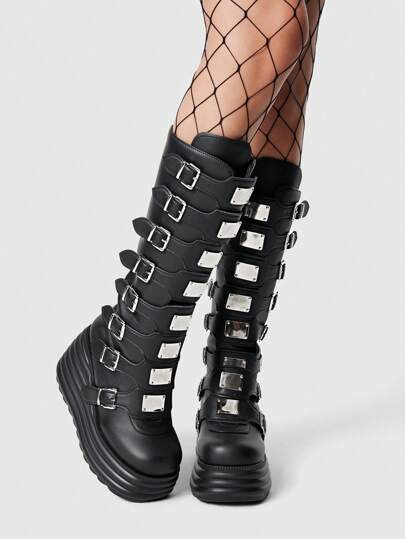 Goth Women's Multi-Strap Metal Decor Round Toe Thick Sole Wedge Heel Mid-Calf Boots, Gothic Punk Style For Casual, Rock, Campus Wear New Year Holiday Valentine's Day