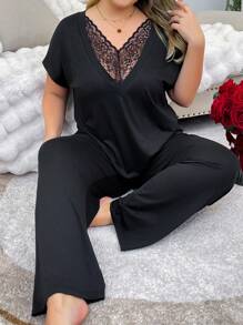 Sexy Lace Splicing Casual Women Loose Comfy V-Neck Home Pajamas Set - Black - View 1