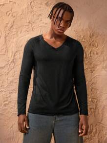 Forever 21 V 领黑色长袖宽松 T 恤男士度假波西米亚风休闲秋冬 - 黑色 - 查看 4