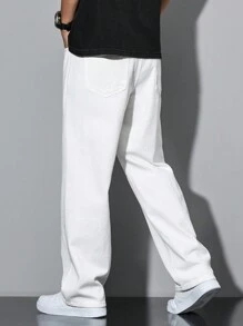 Manfinity Homme Men's Solid Color Simple Daily Casual Pockets White Denim Jeans, Men Pants