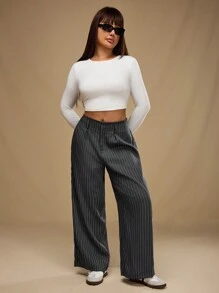 Forever 21 Plus Size Women Straight Leg Striped Print Work Pants - Grey - View 4