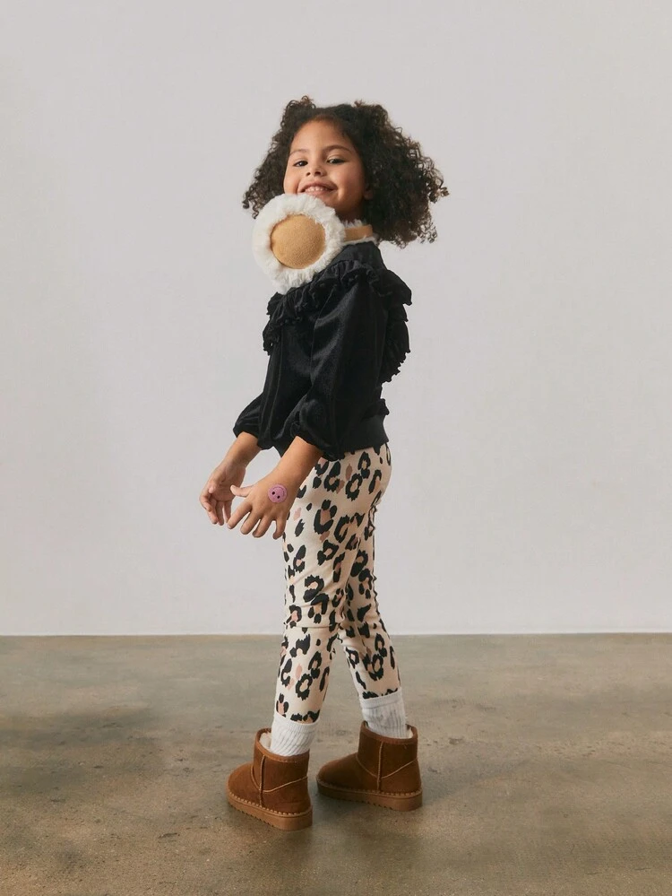 Young Girl Loose Casual Solid Velvet Ruffled Crew Neck Sweatshirt