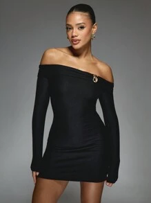 MISSGUIDED Off Shoulder Bardot Long Sleeve Trim Detail Slim Fit Boducon Short Dress - Black - View 3