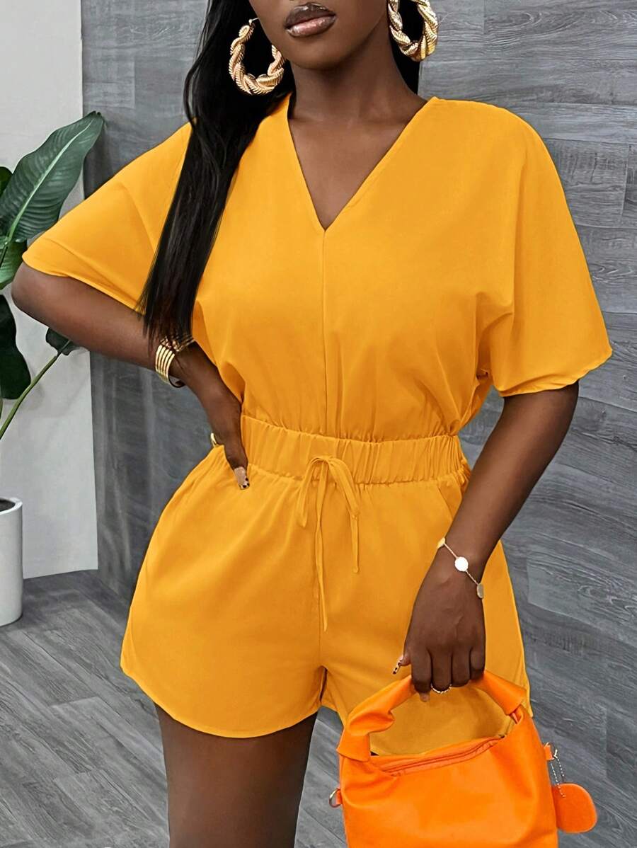 Slaydiva Casual V Neck Bat Sleeve Short Sleeve Shorts Yellow Women's Jumpsuit-C - Yellow - View 1