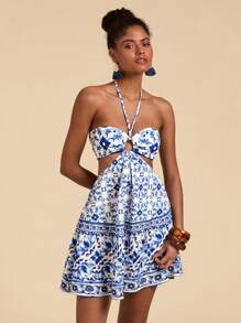 Travachic Women's Halter All-Over Print Hollow-Out Casual Short Dress