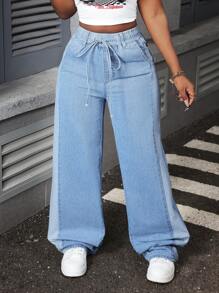 Slaydiva Women Casual Simple Front Tie Waist Denim Jeans - Light Wash - View 3