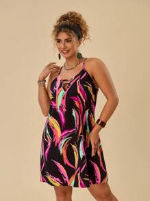 Travachic 大码图案印花度假 V 领吊带连衣裙海滩夏 - 彩色 - 查看 4