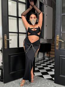 2pc Plus Size Lingerie Cosplay Sexy Alluring Lace Patchwork Chain Decor - Black - View 4