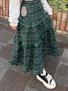 FRIFUL 女士弹力腰格子荷叶边长款休闲裙，返校季秋季服装 - 綠色 - 查看 4