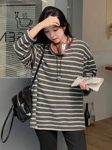 DAZY Women Striped Round Neck Loose Casual Long Sleeve T-Shirt, Autumn - Multicolor - View 9