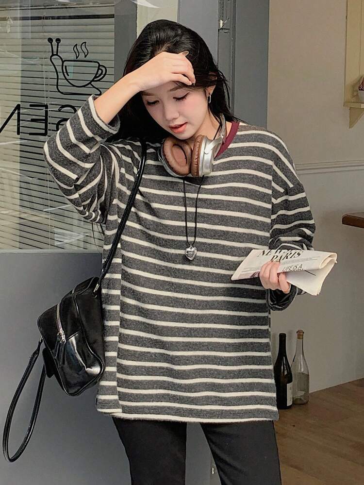 Women Striped Round Neck Loose Casual Long Sleeve T-Shirt, Autumn