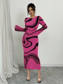 Elenzga 女式拼色圆领长袖修身收腰休闲连衣裙