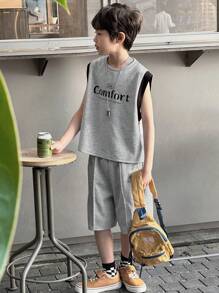 DAZY 2pcs Tween Boys Solid Color Patched Round Neck Letter Print Simple Top And Pants Set,Back To School Clothes