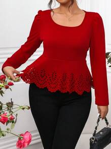 SHEIN Clasi Plus Size Women's Elegant Fitted Lace Patchwork T-Shirt - Red - View 6