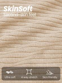 Gameset SHEIN Sport 女士纯色简约修身罗纹运动裤，休闲日常穿着 - 卡其色 - 查看 8