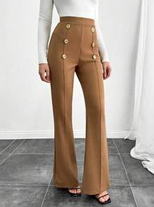 SHEIN Tall Tall Size Double Breasted Decorative Flared Trousers - Camel - View 4
