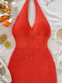 Soleia Vacation Halter Neck Backless Fitted Knit Dress - Orange - View 3