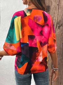 SHEIN LUNE Casual Button Front Color Block V-Neck Shirt
