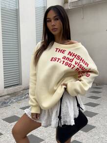 INAWLY 女士字母印花圆领休闲百搭长袖运动衫 - 杏色 - 查看 4