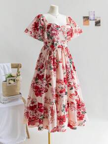 Dreamara Váy chữ A tay bèo in hoa hồng Boho cỡ lớn cho nữ, kỳ nghỉ, mùa thu/đông, ngày lễ tình nhân - Nhiều màu - Xem 3