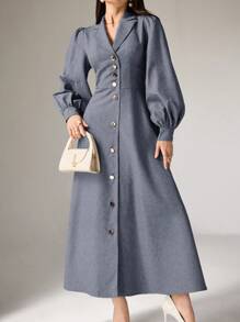 Heiryn Women's Solid Color Front Button Down Shirt Collar Dress - Dusty Blue - View 2