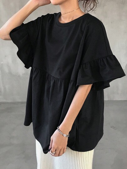 FRIFUL Women's Solid Color Ruffle Short Sleeve Loose T-Shirt For Outdoor/Beach Summer