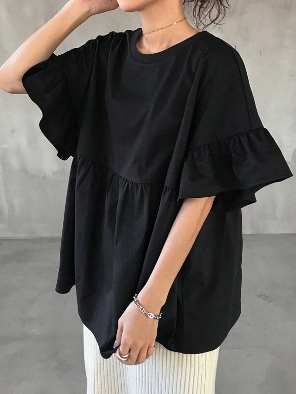FRIFUL Women's Solid Color Ruffle Short Sleeve Loose T-Shirt For Outdoor/Beach Summer