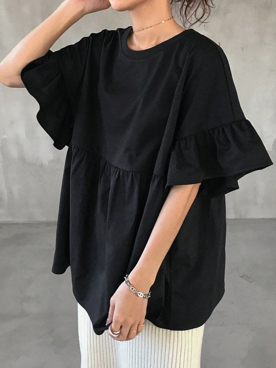 FRIFUL Women's Solid Color Ruffle Short Sleeve Loose T-Shirt For Outdoor/Beach Summer