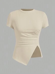 SHEIN Essnce 3pcs Round Neck Plain Color Frill Asymmetric Hem Short Sleeve T-Shirt - Multicolor - View 6
