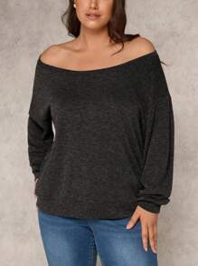 SHEIN Clasi Plus Size Casual Oblique Shoulder Long Sleeve Top, Minimalist Design For Everyday Wear