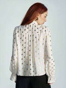 SHEIN Privé Elegant White Polka Dot Chiffon Blouse,Office Ruffled Collar Foil Print Sheer Top,High-End Fashion Autumn Cloth For Women,Spring Valentine's Day - White - View 5