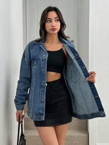 EURMUSE 女式前扣长袖口袋简约夹克，日常休闲