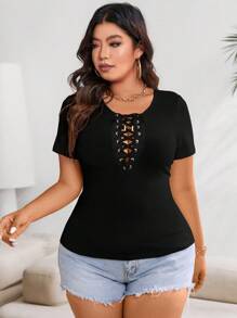 EMERY ROSE Plus Size Solid Color Front Tie Short Sleeve Casual Top - Black - View 4